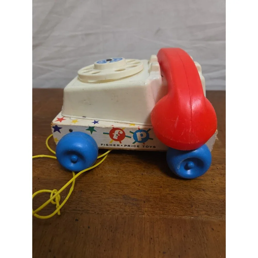 Fisher Price Chatter Telephone #747 1961 Wooden Base Rotary Dial Pull Toy Vintag
